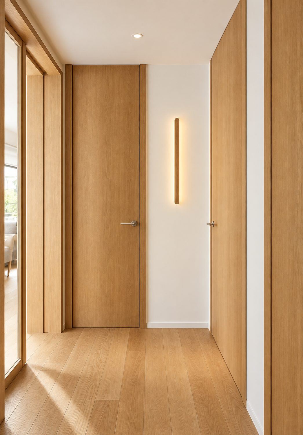 Pasillo en roble con puertas ocultas e iluminación lineal integrada en el propio panel.
